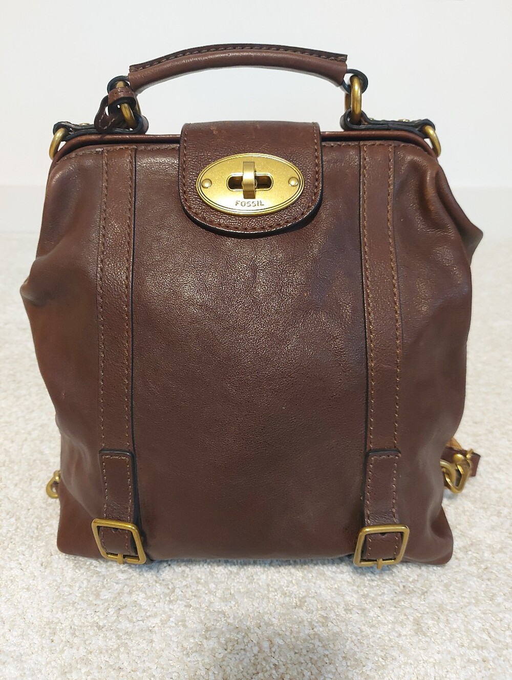 Classic Fossil Dark Brown Leather Backpack / Handbag with Gold Hardware